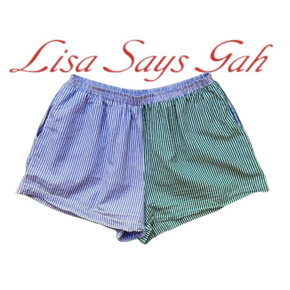 Lisa Says Gah Two-Tone Blue and Green Striped Shorts